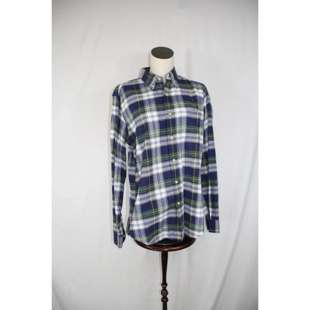 J.CREW MEN'S OXFORD SPORT SHIRT BLUE GREEN WHITE YELLOW CHECK PLAID COTTON SZ M